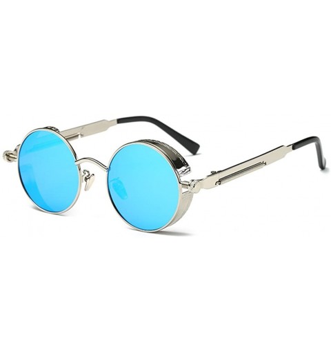 Round Men Women Retro Polarized Glasses Punk Round Metal UV400 Eyewear Sunglasses - Silver + Blue - C91884LT3QD $10.77