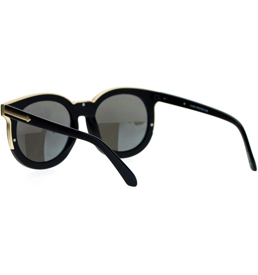 Womens Mirrored Mirror Lens Retro Round Horned Sunglasses - Matte Black ...